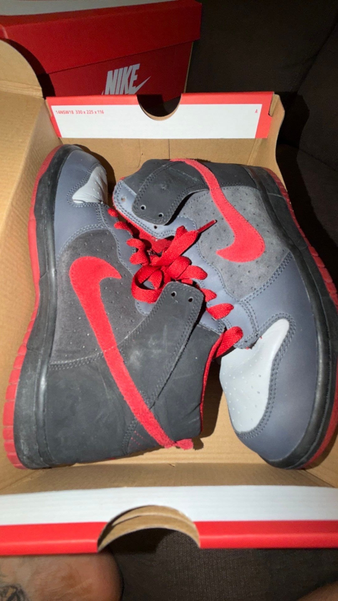 1581 Nike Dunk High sneakers in a Medium Grey/Varsity Red-Black colorway, released in 2008